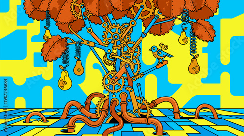 Mechanical Tree with Clockwork Fruit and Brass Gear Leaves Pop Surrealism Flat Illustration with Bold Outlines