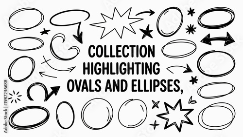 A black and white illustration showcasing various hand drawn speech bubbles ovals ellipses arrows and starbursts on a white background high quality professional detailed modern elegant