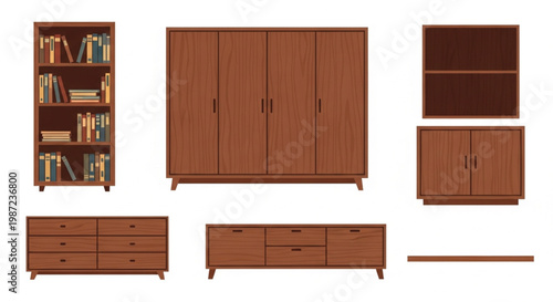 This vector set showcases a range of wooden storage furniture in a clean flat style. It features a tall bookshelf with books, a large wardrobe, a dresser, cabinets, and a TV stand in a warm wood.