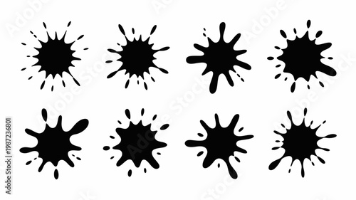 A collection of black ink splatters and blots are displayed against a stark white background presenting abstract shapes and textures high quality professional detailed modern elegant