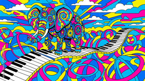 Clockwork Elephant Walking on Piano Key Bridge Pop Surrealism Flat Illustration with Bold Outlines