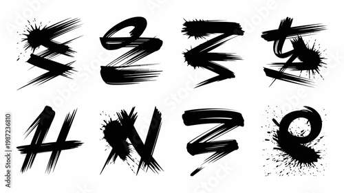 A collection of abstract black brushstroke letters and numbers are displayed on a clean white background creating a dynamic visual composition high quality professional detailed modern