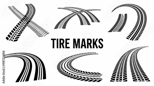 A collection of black tire track illustrations are displayed against a clean white background showing various curves and straight lines high quality professional detailed modern elegant