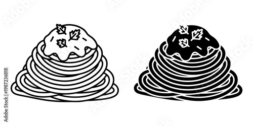 Spaghetti pasta pile with tomato sauce and fresh herbs garnish icons set showing traditional italian cuisine noodle meal design elements for restaurant menus cooking blogs and culinary branding.