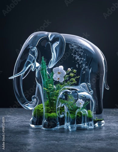 Crystal Glass Elephant Family Sculpture with Internal Moss Garden and White Orchids on Slate Surface