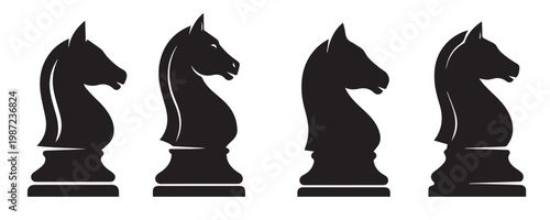 Four black silhouette chess knight pieces in profile view with board game mind game white background strategy