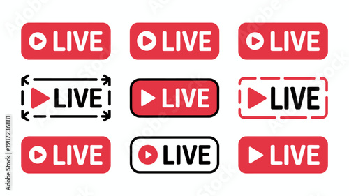 A collection of bright red live broadcast buttons with play icons displayed in various shapes and styles on a white background high quality professional detailed modern