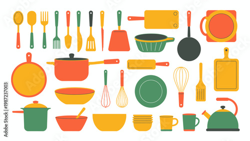 A colorful arrangement of kitchen utensils and cookware is displayed against a plain white background showcasing various shapes and vibrant hues high quality professional detailed modern