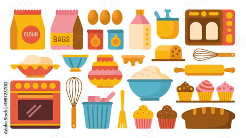 A colorful illustration showcases various baking ingredients and tools including flour eggs mixers and finished baked goods like cupcakes and bread high quality professional detailed modern