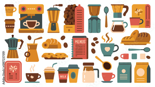 A colorful collection of coffee related items is displayed including brewing equipment beans pastries and various coffee beverages high quality professional detailed modern elegant stylish clean