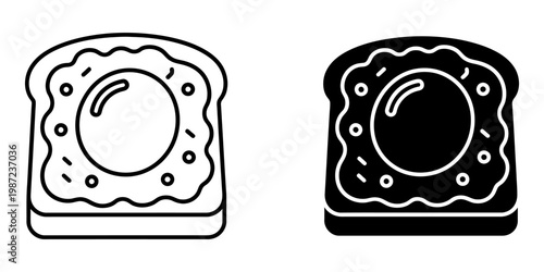 Toast with fried egg and sprinkles shown in outline and solid black versions for versatility in digital or print media design applications.