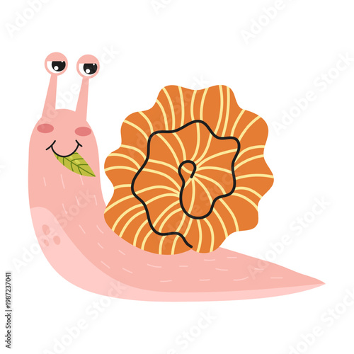 A cute pink snail eats a leaf. An orange shell with a yellow stripe. Vector flat illustration.	