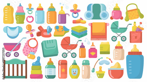 A vibrant collection of baby essentials is displayed including bottles pacifiers clothing and toys creating a colorful and cheerful composition high quality professional detailed modern elegant