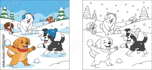 Happy cartoon dogs playing snowball fight in winter forest, vector illustration of cute puppies having fun in the snow with winter accessories.