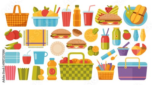 A colorful arrangement of picnic food items including sandwiches fruits drinks and baskets is displayed against a white background high quality professional detailed modern elegant stylish