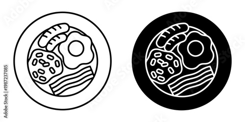 English breakfast plate vector icons featuring fried eggs sausages beans and bacon strips in circular frame outline and solid styles for restaurant menu branding cafe signage and food app design.