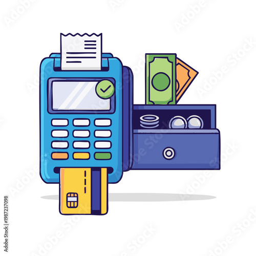 Payment terminal, credit card reader, cash box, and money, flat vector illustration