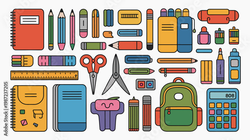 A colorful arrangement of school supplies is displayed including notebooks pencils scissors a backpack and a calculator high quality professional detailed modern elegant stylish clean crisp