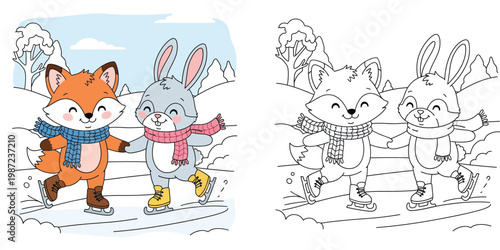 Cute cartoon fox and rabbit ice skating together, happy friends holding hands on frozen lake, funny winter animals vector illustration.