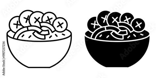 Healthy breakfast bowl icons set with sliced banana rounds and shredded coconut flakes on top of porridge representing organic food choices vegan nutrition meal preparation and vegetarian cooking.
