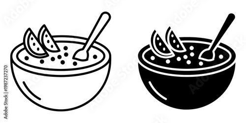 Bowl of soup or porridge with spoon and lime wedges icon set representing healthy hot meal preparation appetizer serving and nutritious dinner options for cafe menus or culinary mobile software.