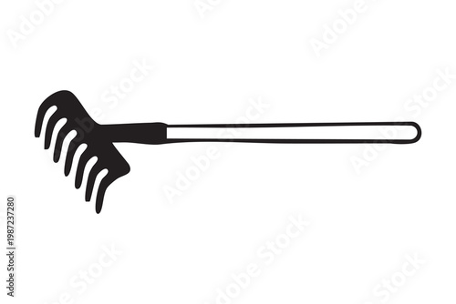 Rake for yard tasks. Outdoor gardening tool with long handle. Leaf removal and landscape maintenance equipment icon. Scene illustrating seasonal outdoor yard work using longhandled rake