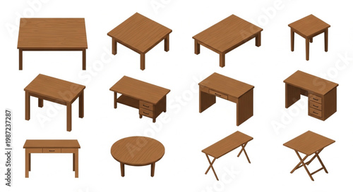 A comprehensive set of isometric wooden table and desk icons isolated on a white background. This collection includes various styles such as coffee tables, office desks with drawers, dining tables.