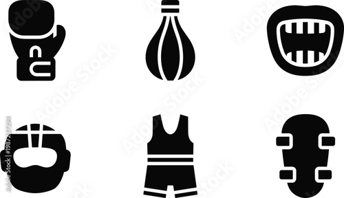 boxing and sports equipment silhouette vector set featuring boxing glove punching bag mouth guard helmet sports uniform and protective gear icons isolated on white background