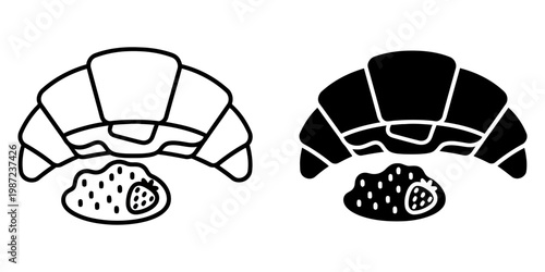 Croissant with strawberry jam icon set in outline and solid versions for bakery menu or breakfast branding isolated on white background french pastry and fruit preserve vector illustration collection.