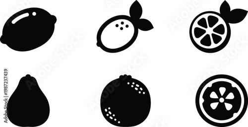 citrus fruits silhouette vector set featuring lemon lime orange slices and whole fruits icons isolated on white background