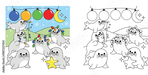 Cute cartoon seals decorating with Christmas lights and holding a star, vector illustration of happy winter animals celebrating holiday in snow.