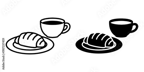 Breakfast set with croissant on plate and cup of coffee icons linear and silhouette styles for cafe branding or morning menu isolated on white background pastry and beverage vector illustration pack.
