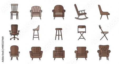 This comprehensive collection features various chair icons in a clean, flat vector style. It includes office chairs, armchairs, rocking chairs, stools, and folding chairs. Rendered in warm brown tones