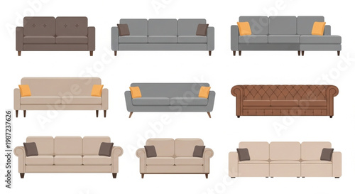 This vector set features nine diverse sofa and couch illustrations in a clean, flat style. The collection includes various modern and classic designs, including sectionals, tufted Chesterfields.