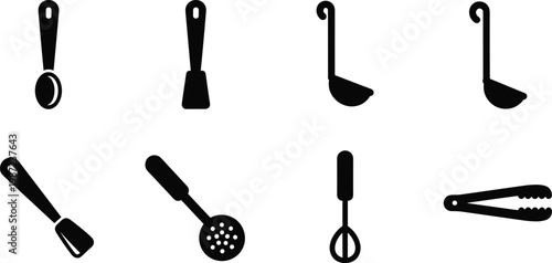 kitchen utensils silhouette vector set featuring spoon spatula ladle skimmer whisk and tongs icons isolated on white background