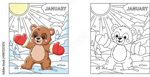 Cute cartoon brown bear wearing red mittens in snowy winter forest, vector illustration of happy animal standing under sun with January text, calendar concept.
