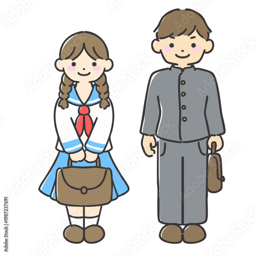 制服を着た学生の男女のイラスト|中学生、高校生、カップル