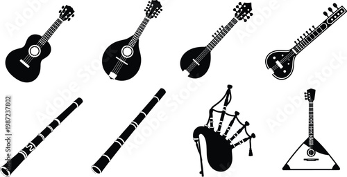 musical instruments silhouette vector set featuring guitars mandolin sitar flute bagpipes and balalaika icons isolated on white background