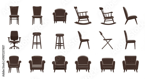 This comprehensive vector set features 18 diverse chair and armchair icons in a clean, flat design style. The collection includes rocking chairs, office seating, bar stools, folding chairs.