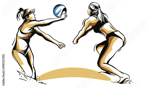 Vector illustration, female beach volleyball players in action