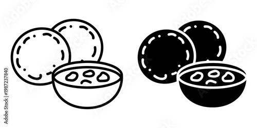 Puri bhaji line and glyph icons set showing deep fried indian bread with potato curry in bowl for traditional breakfast and street food concept isolated on white background vector illustration art.