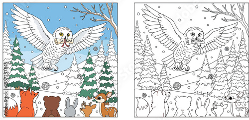 Snowy owl flying with Be Kind message scroll above cute forest animals, vector illustration of white bird inspiring fox, bear, and deer in winter landscape, social concept.