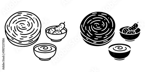 Paratha line and glyph icons set featuring flaky layered flatbread served with yogurt and pickle bowls for traditional indian breakfast and punjabi cuisine concept isolated vector illustration art.