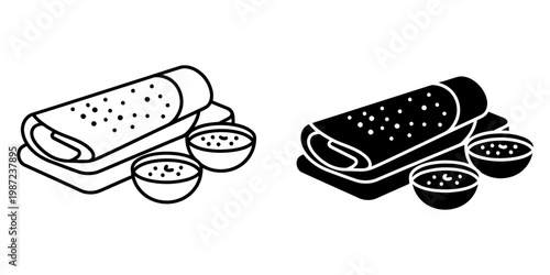 Masala dosa line and glyph icons set featuring rolled rice crepe served with coconut chutney and sambar bowls for south indian cuisine concept isolated on white background vector illustration art.