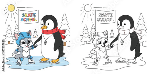 Cartoon penguin coach teaching a wolf puppy to ice skate, vector illustration of cute animals at skate school with winter forest background.