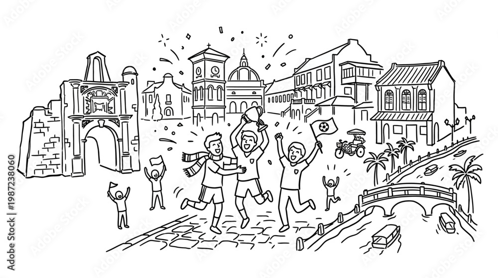 Obraz premium People Celebrating in Historic Town Featuring Landmark Buildings