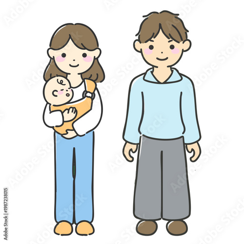 赤ちゃんを抱っこした母親と父親のイラスト |夫婦、家族