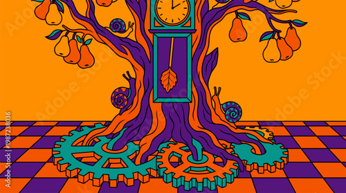 Antique Grandfather Clock Tree With Mechanical Gears Pop Surrealism Flat Illustration With Bold Outlines