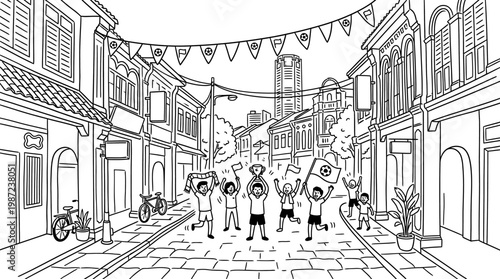 Celebratory Parade in Historic Streetscape