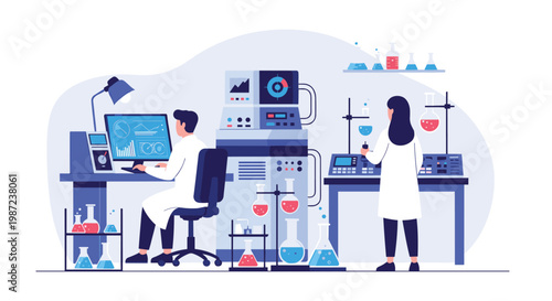 Group of scientists in white coats working in a modern laboratory with advanced equipment, computers, and chemical test tubes for research.